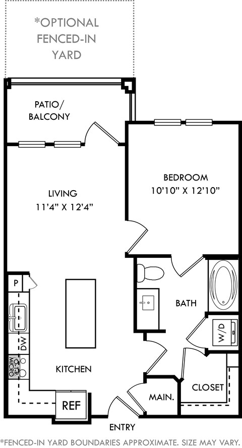 Floor plan for 1 bed, 1 bath, 664 sqft